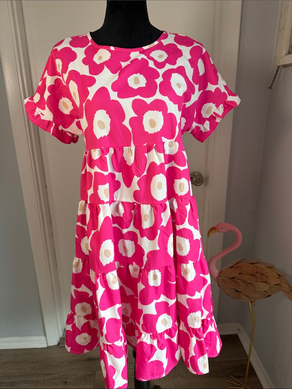 BiBi Hot Pink And White Floral Tiered Dress